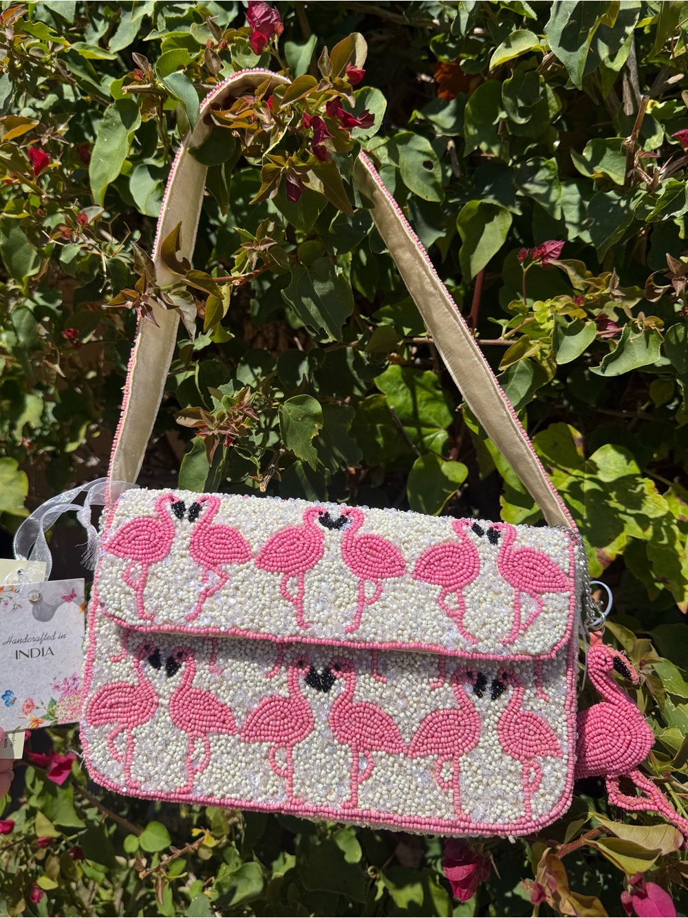 NWT Made in India Flamingo Pink White Beaded Shoulder Bag with Bag Charm